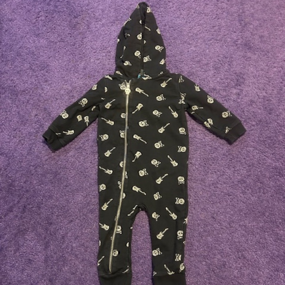 Koala Kik hooded footless zip up - guitar and skull theme - Size 9-12 months